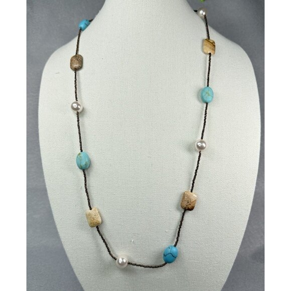 Lia Sophia Necklace Capri Jasper Turquoise Faux Pearl Bronze Seed Beads Beachy - Picture 2 of 7